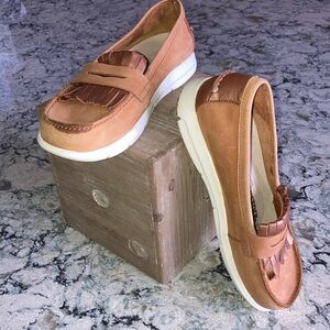 Birkenstock Downy leather loafer, tan and white. 37 regular (6.5 US) gently worn